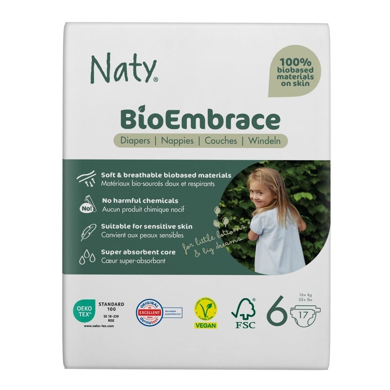 Naty BioEmbrace Baby Diapers Size 6 (16+ kg),100% Biobased on Skin, Plant-Based Softness, Dermatologically Tested and Super Absorbent, Pack of 17 - Image 1